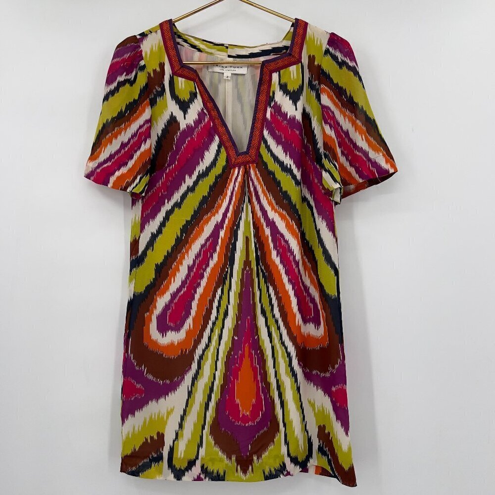 Trina Turk 100% Silk Multicolor Ikat Print Mini Dress Women’s Size 2
